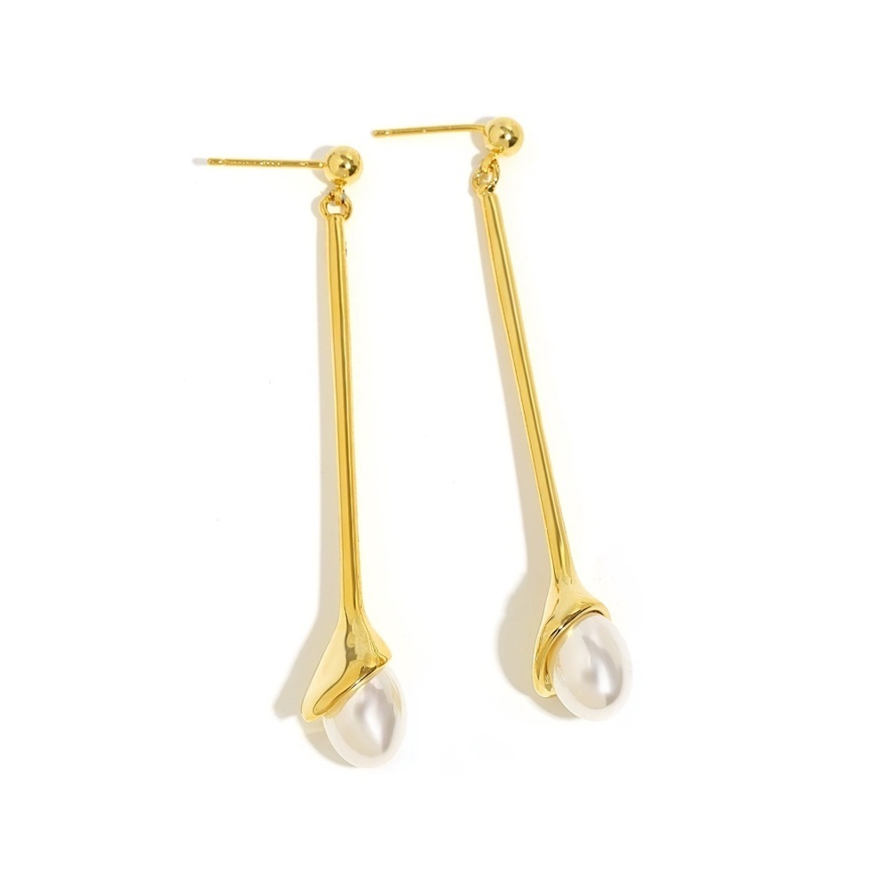 Gold Pearl Drop Earrings – 65x10mm Long Modern Dangle with Teardrop Accent